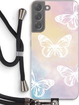 Case Company® - Hoesje met koord geschikt voor Samsung Galaxy S22 Plus hoesje met Koord - White butterfly - Telefoonhoesje met Zwart Koord - Bescherming aan alle Kanten en Over de Schermrand