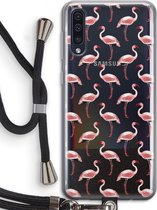 Case Company® - Hoesje met koord geschikt voor Samsung Galaxy A50 hoesje met Koord - Flamingo - Telefoonhoesje met Zwart Koord - Bescherming aan alle Kanten en Over de Schermrand