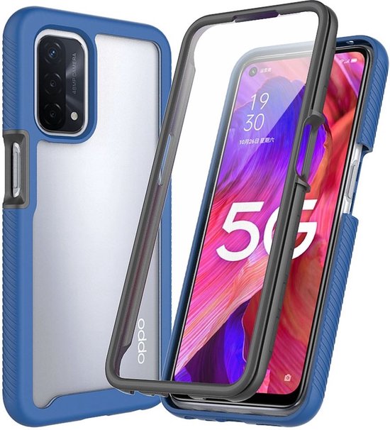Coque Oppo A54 5G/A74 5G | Avec protecteur d'écran intégré | Protection antichute Full Protect | Transparent / Blauw