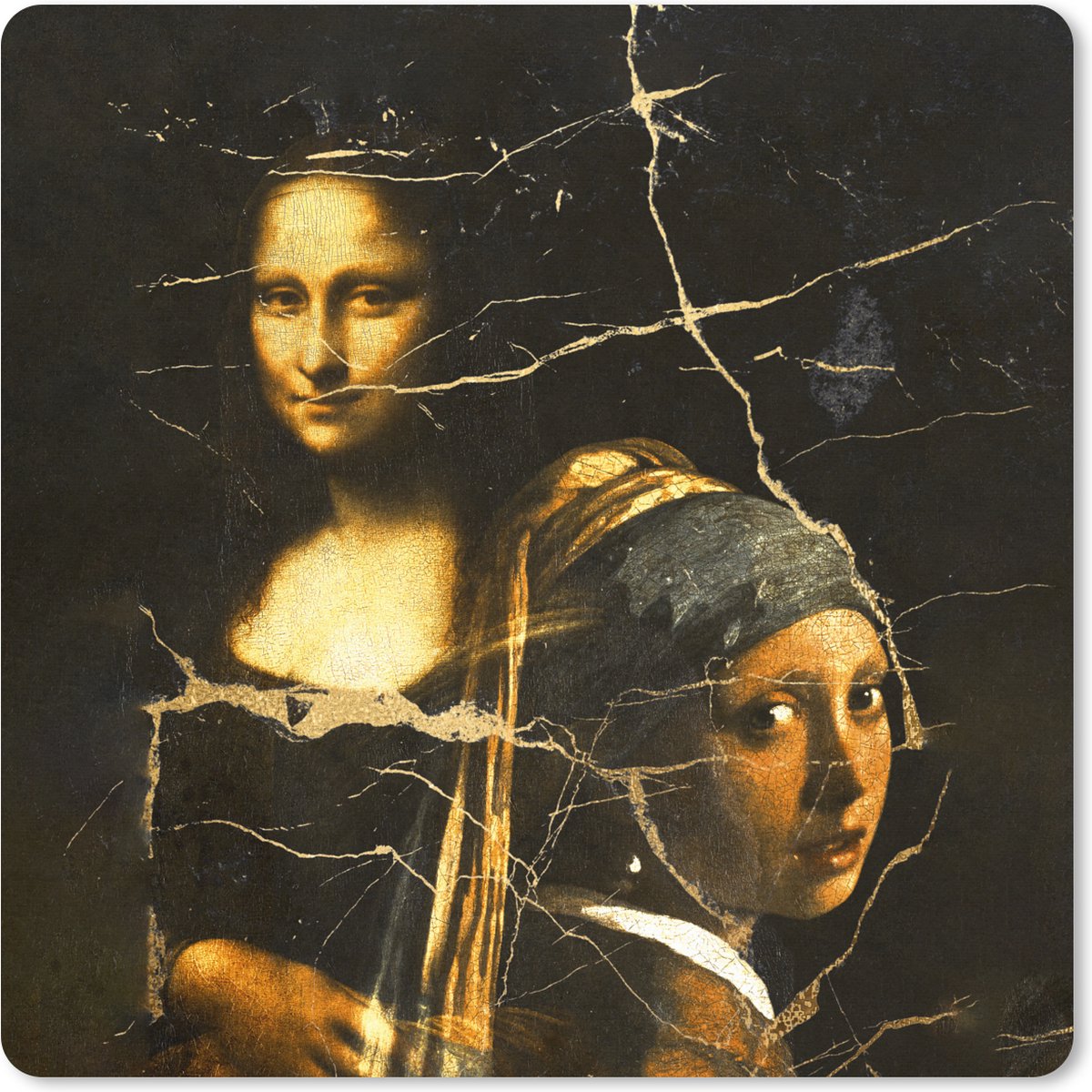 Muismat XXL 50x50 cm - Bureau onderlegger - Bureau mat Meisje met de parel - Mona Lisa - Collage - Bureaumat - Gaming mousepad xl - Bureaulegger groot - Computer deskmat
