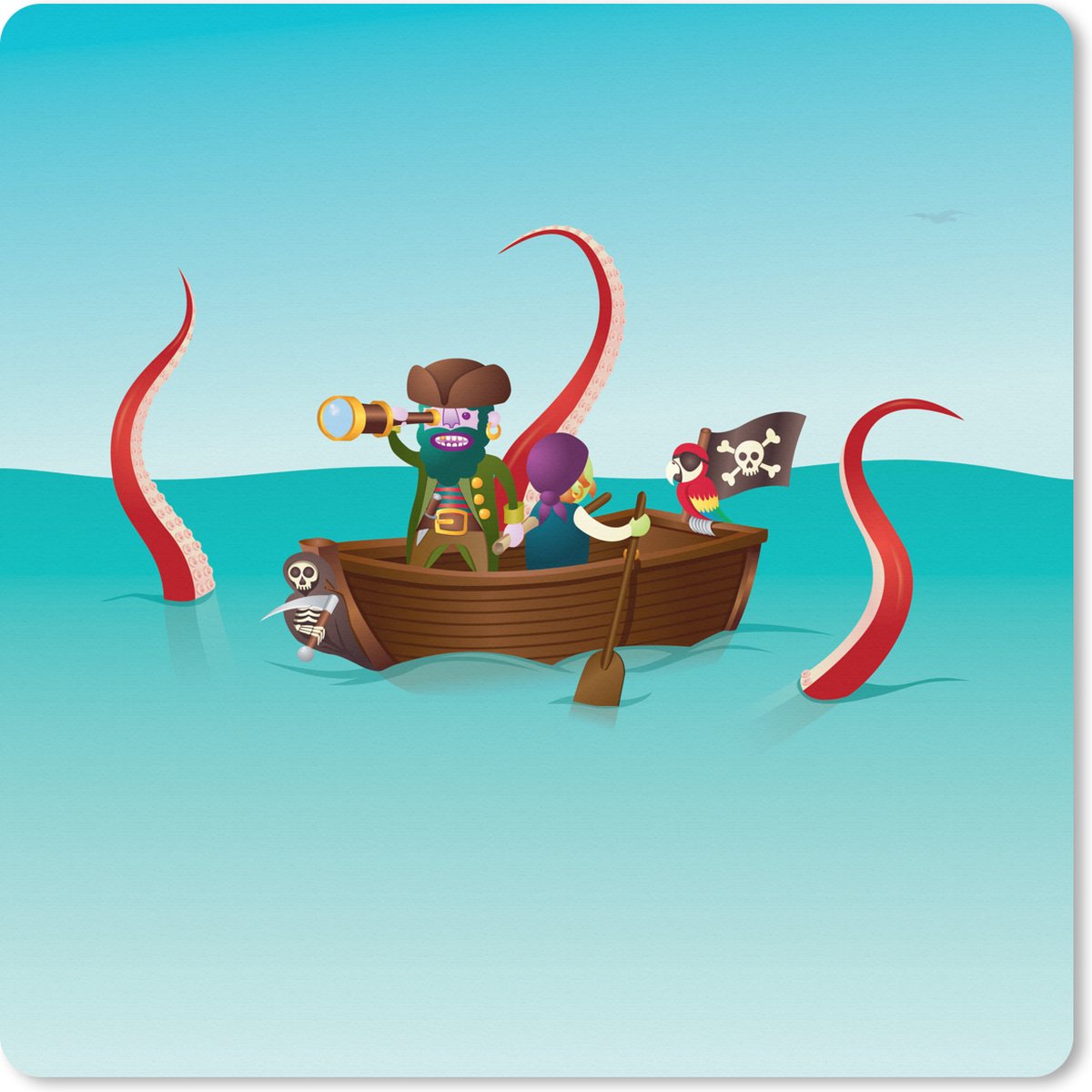 Muismat XXL 60x60 cm - Bureau onderlegger - Bureau mat Kinderillustratie van twee piraten op zee - Bureaumat - Gaming mousepad xl - Bureaulegger groot - Computer deskmat