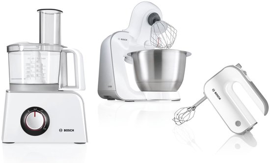 Drie witte keukenapparaten van Bosch: keukenrobot, standmixer en handmixer.