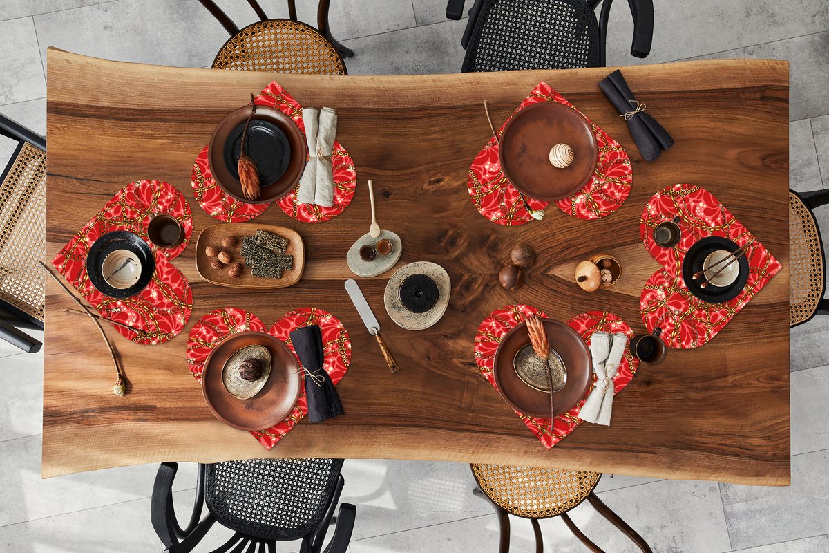 Onderleggers - Placemats - Placemats hartje - Patronen - Goud - Ketting - Rood - 6 stuks