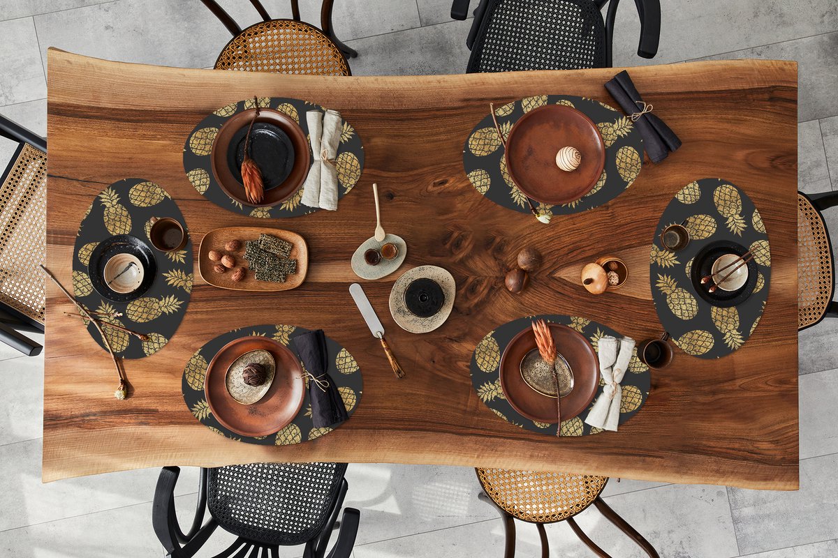 Placemats ovaal - Onderleggers - Ovale placemats - Ananas - Goud - Luxe - Patronen - 6 stuks