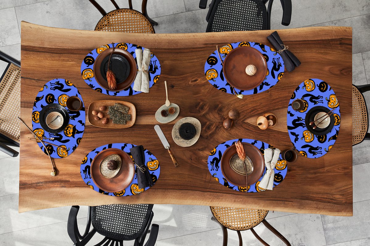 Placemats ovaal - Onderleggers - Ovale placemats - Halloween - Kat - Heks - 6 stuks