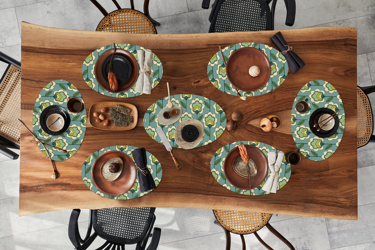 Placemats ovaal - Onderleggers - Ovale placemats - Retro - Design - Jaren 70 - Bloem - 8 stuks
