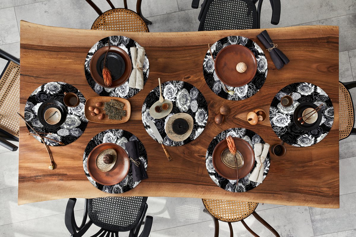 Ronde placemats - Onderlegger - Placemats rond - Rozen - Zwart Wit - Patronen - 8 stuks
