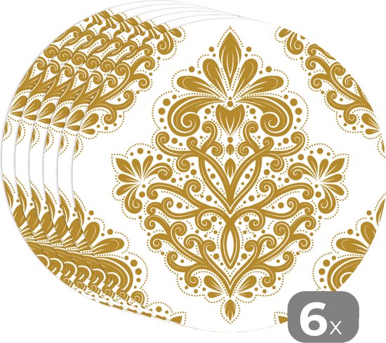 Sets de table ronds - Dessous de verre - Napperons de table ronds - Vintage - Fleurs - Goud - Motifs - 6 pièces