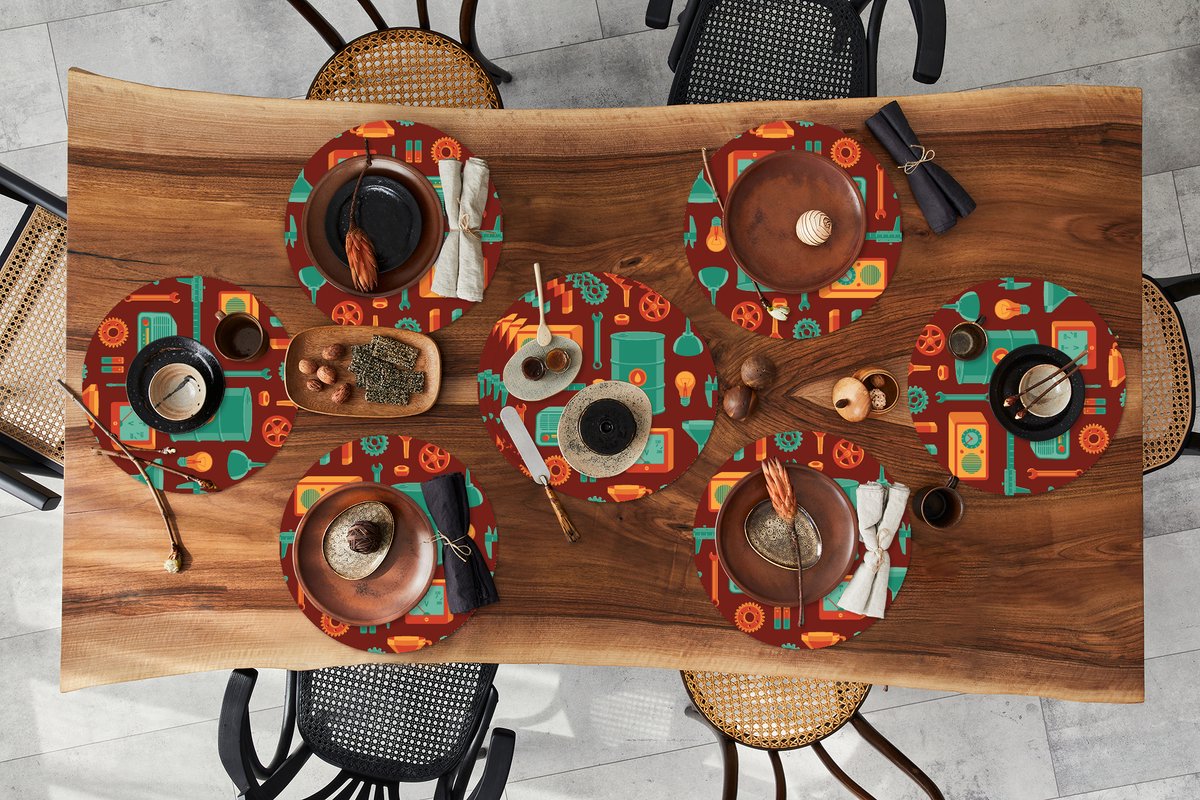 Ronde placemats - Onderlegger - Placemats rond - Patroon - Retro - Gereedschap - 10 stuks