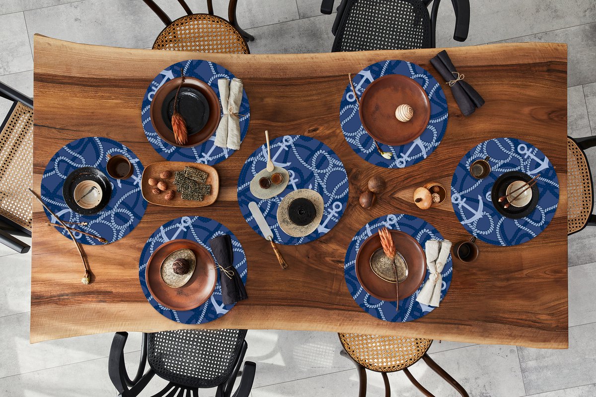 Ronde placemats - Onderlegger - Placemats rond - Patronen - Anker - Touw - 8 stuks
