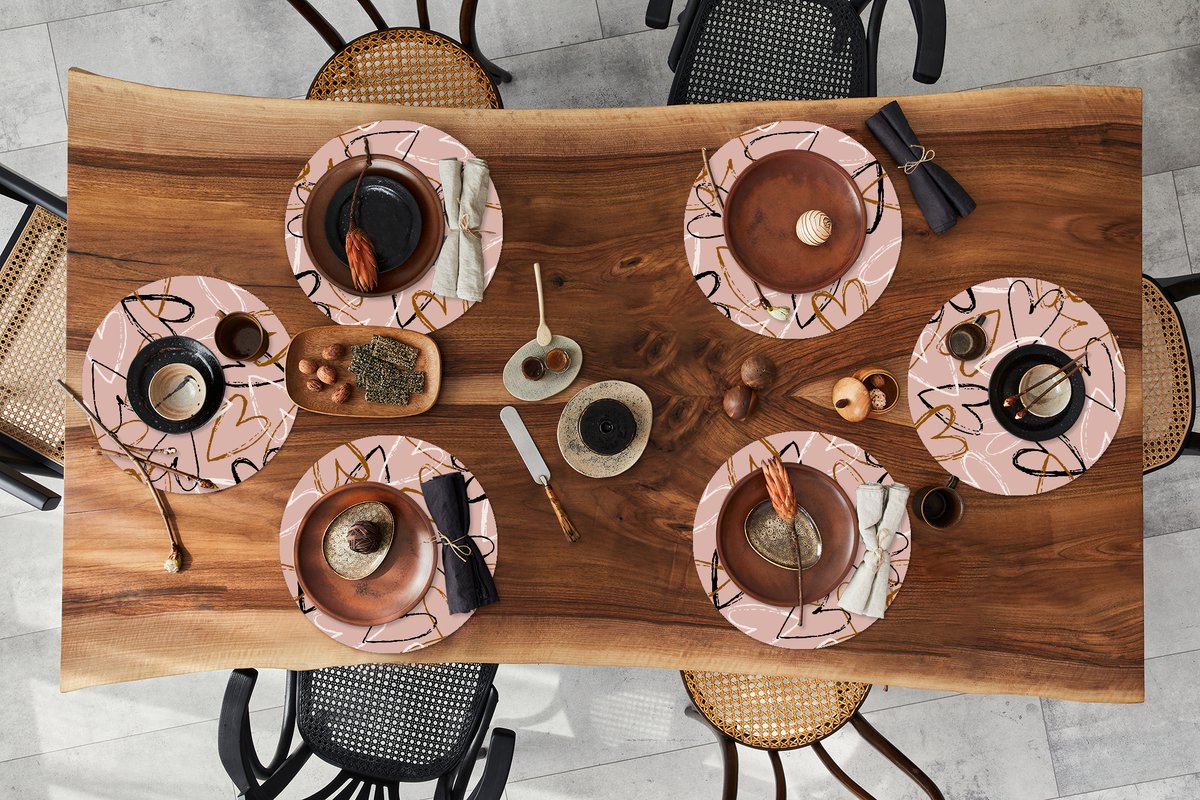 Ronde placemats - Onderlegger - Placemats rond - Valentijn cadeau - Hartjes - Patronen - 6 stuks