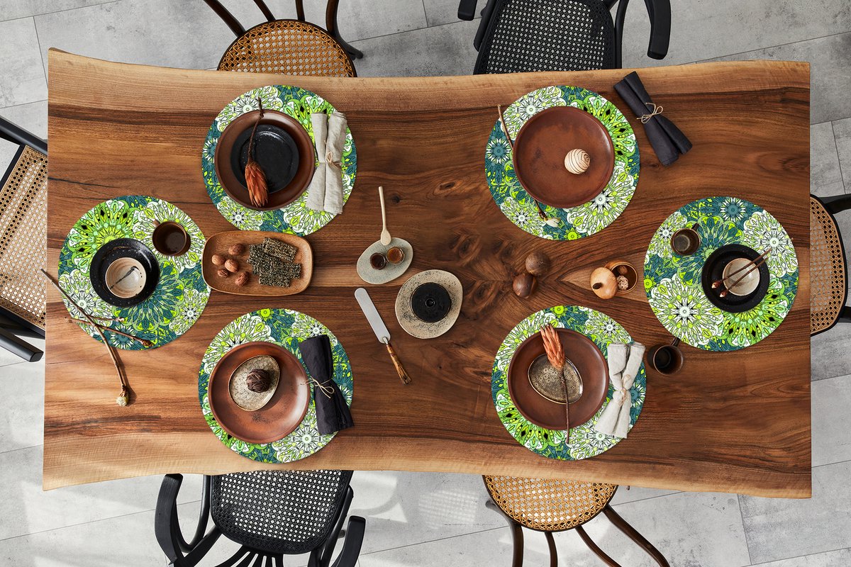 Ronde placemats - Onderlegger - Placemats rond - Mandala - Limoen - Groen - Patronen - 6 stuks