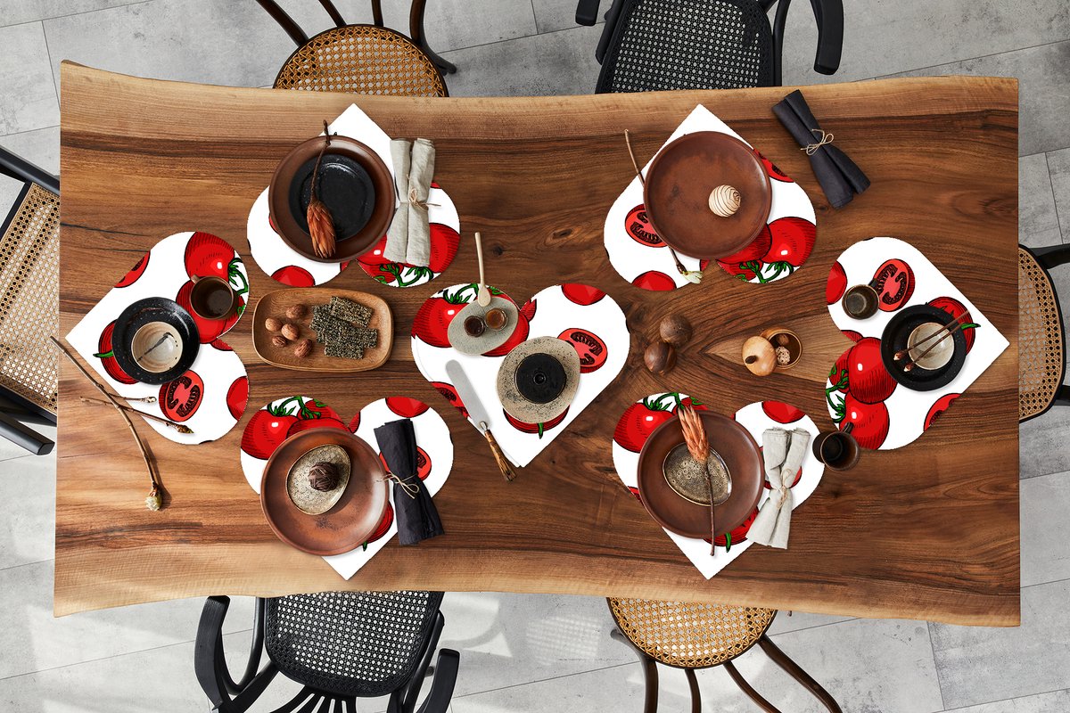 Onderleggers - Placemats - Placemats hartje - Rood - Patronen - Tomaten - 8 stuks