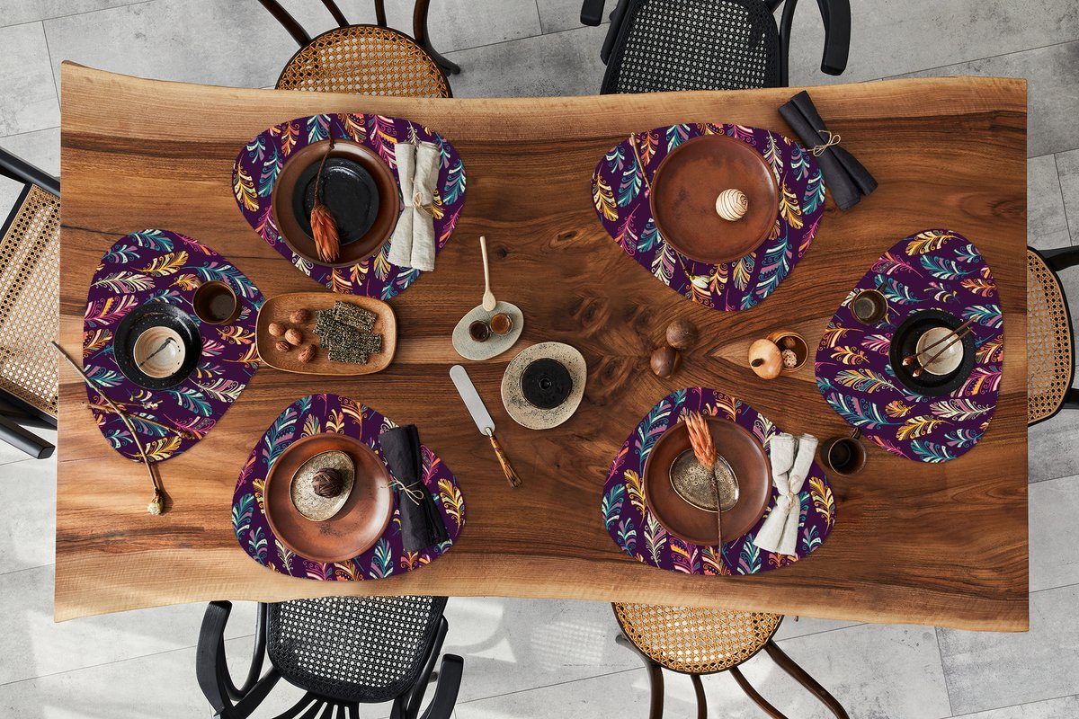 Placemat organisch - Placemats organic - Onderleggers - Puber - Veren - Boho - Patronen - 6 stuks
