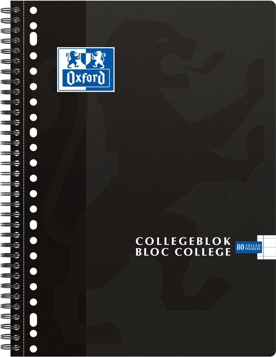 Zwart Oxford collegeblok met "Collegeblok Bloc College 80 Vellen Feuilles" tekst en een leeuwenafbeelding.