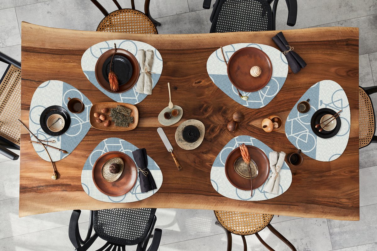 Placemat organisch - Placemats organic - Onderleggers - Fiets - Blauw - Patroon - 6 stuks