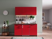 Goedkope keuken 150  cm - complete kleine keuken met apparatuur Oliver - Donker eiken/Rood - elektrische kookplaat  - koelkast          - mini keuken - compacte keuken - keukenblok met apparatuur