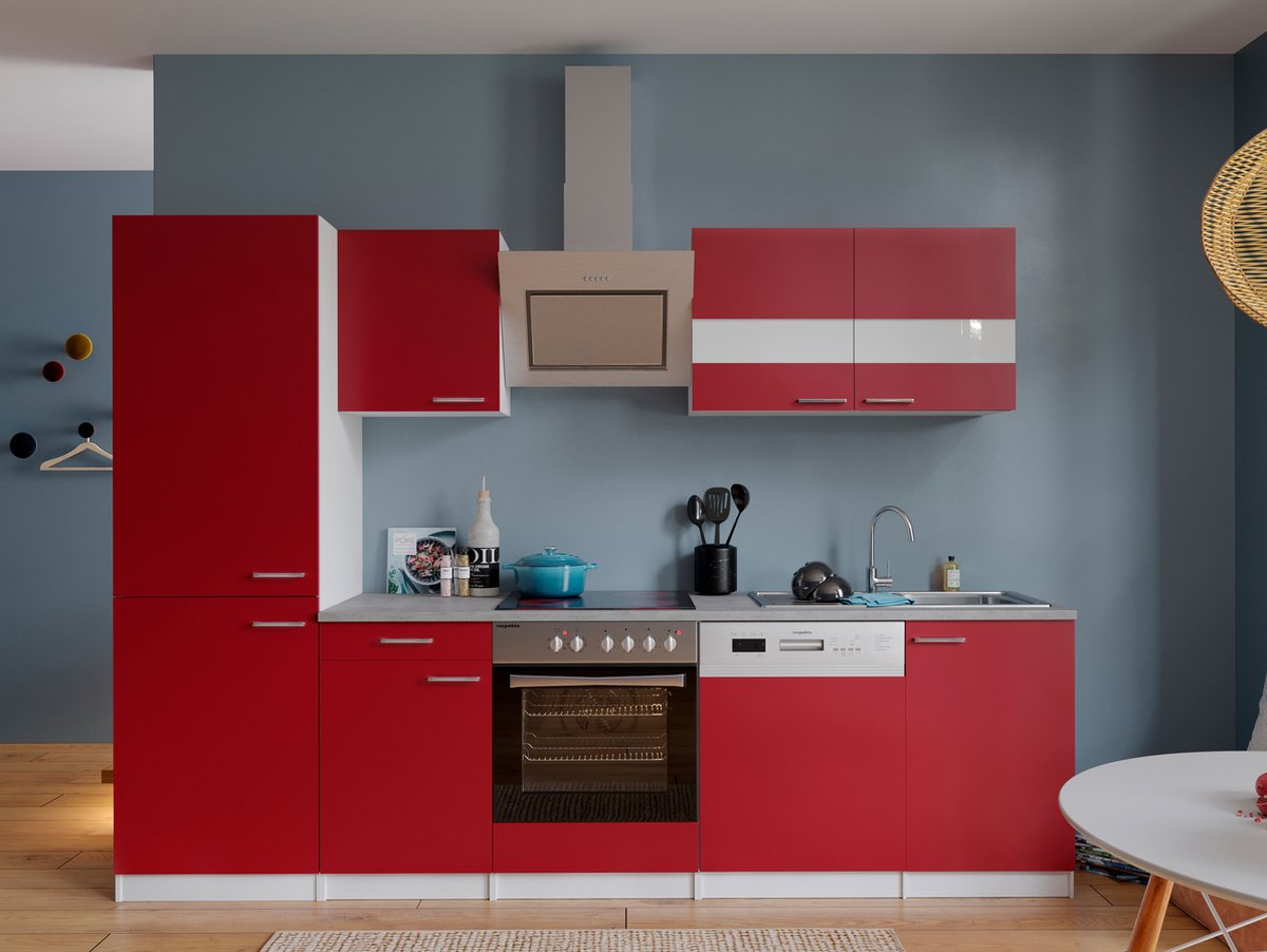 Respekta® Keukenblok 280 cm complete keuken met apparatuur soft close Rood Moderne keuken Malia keramische kookplaat vaatwasser afzuigkap oven spoelbak