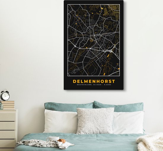Peinture sur toile Delmenhorst - Or - Plan de ville - Plan d'étage - Carte - Allemagne - 120x180 cm - Décoration murale XXL