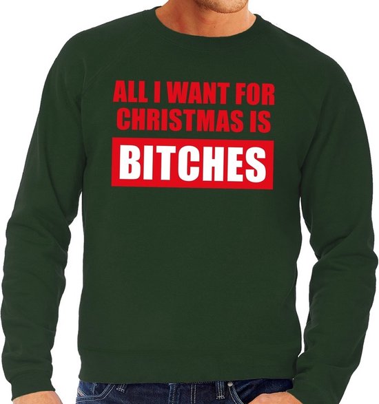 Foto: Foute kersttrui sweater all i want for christmas is bitches groen voor heren kersttruien s