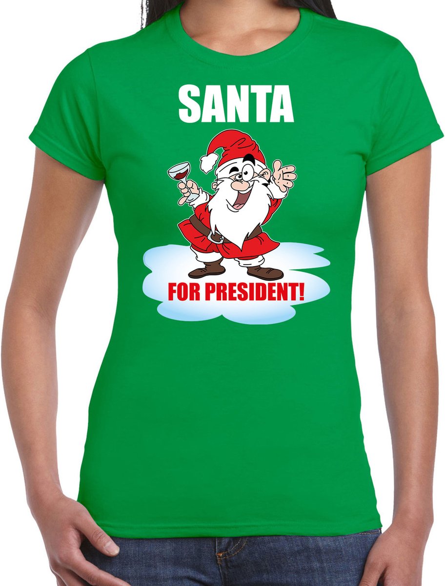 Afbeelding van product Bellatio Decorations  Santa for president Kerstshirt / Kerst t-shirt groen voor dames - Kerstkleding / Christmas outfit XL  - maat XL
