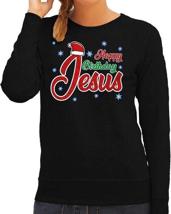 Foute Kersttrui / sweater - Happy Birthday Jesus / Jezus - zwart voor dames - kerstkleding / kerst outfit 2XL