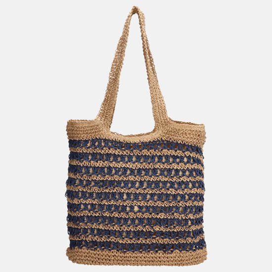 Bruine shopper met blauwe strepen in een open weefpatroon. De hengsels zijn gevlochten.