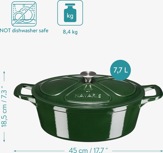 Navaris gietijzeren braadpan met deksel - Dutch oven - Geëmailleerde pan - Geschikt voor inductie, gas en elektrisch koken - Ovaal - Donkergroen