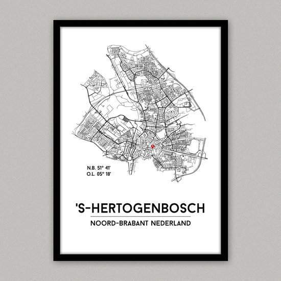 Den Bosch city poster, A4 met lijst, plattegrond poster, woonplaatsposter, woonposter