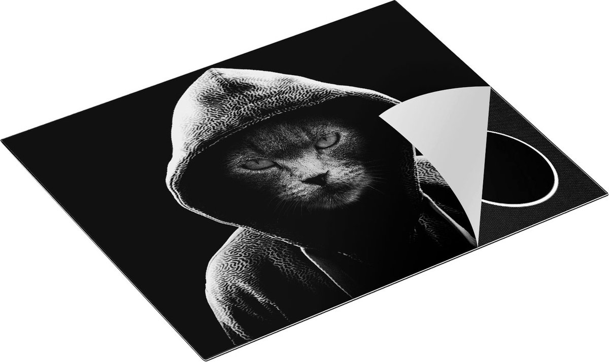 Chefcare Inductie Beschermer Boze Kat Draagt een Hoodie - Zwart Wit - 65x52 cm - Afdekplaat Inductie - Kookplaat Beschermer - Inductie Mat