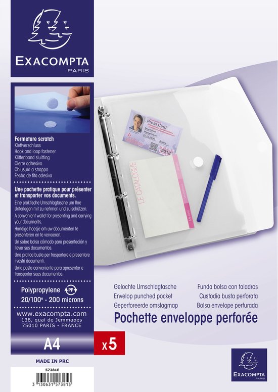 Pochettes enveloppes perforées plastique incolore transparent Par 5