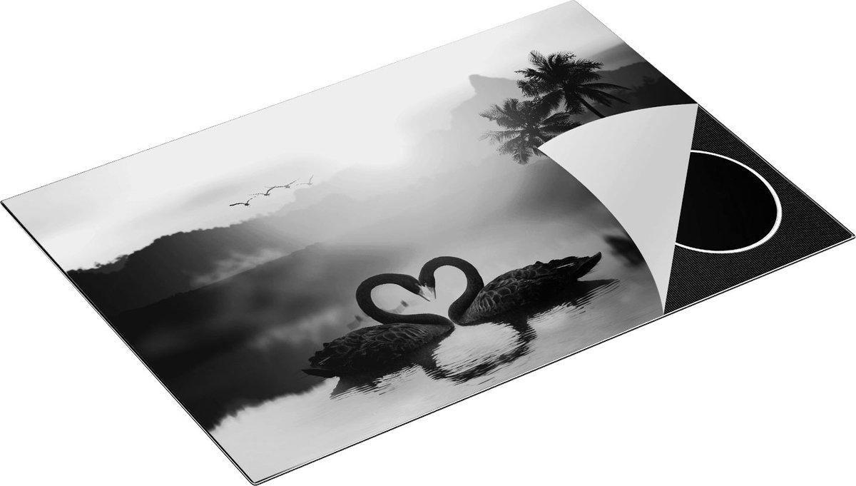 Chefcare Inductie Beschermer Twee Zwarte Zwanen in een Hart Vorm - Zwart Wit - 75x52 cm - Afdekplaat Inductie - Kookplaat Beschermer - Inductie Mat