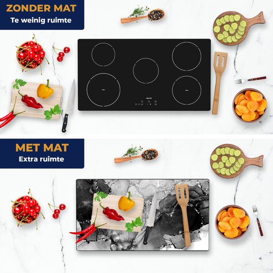 Chefcare Inductie Beschermer Abstracte Kunst - Rood Blauw Wit Beige Marmer - Zwart Wit - 95x55 cm - Afdekplaat Inductie - Kookplaat Beschermer - Inductie Mat