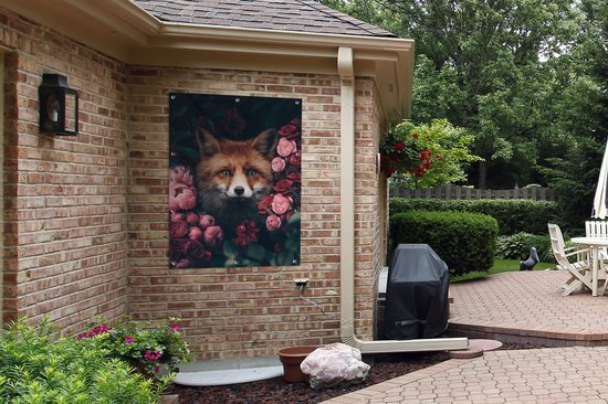 Affiche jardin - Toile jardin - Posters de jardin extérieur - Renard - Fleurs - Botanique - Animaux - 90x120 cm - Jardin