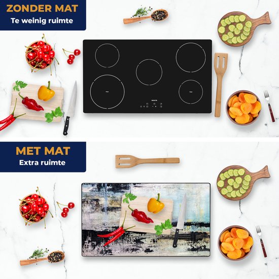 Chefcare Inductie Beschermer Abstracte Kunst - Acryl met Zwarte Vagen op Wit - 89,6x51,6 cm - Afdekplaat Inductie - Kookplaat Beschermer - Inductie Mat
