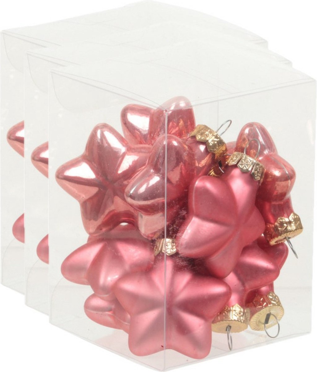 36x Sterretjes kersthangers/kerstballen bubblegum roze van glas - 4 cm - mat/glans - Kerstboomversiering