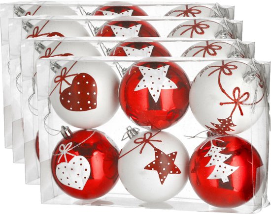 24x stuks gedecoreerde kerstballen rood en wit kunststof diameter 6 cm - Kerstboom versiering