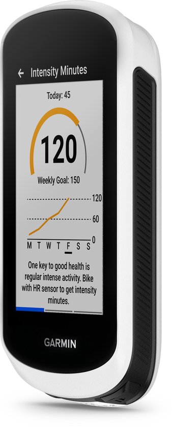Garmin Edge Explore 2 fietscomputer toont 'Intensity Minutes': 120 vandaag, doel 150 per week.