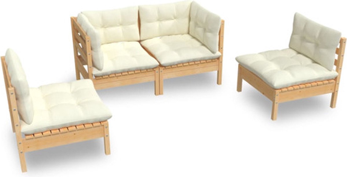Bol.com vidaXL - 4-delige - Loungeset - met - crèmekleurige - kussens - massief - grenenhout aanbieding