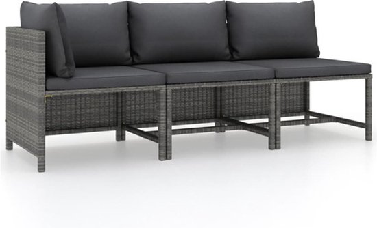 vidaXL Salon de jardin 3 pièces avec coussins, poly rotin gris