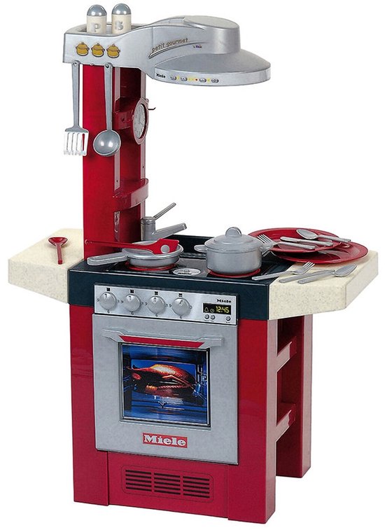Klein Toys Miele Petit Gourmet keuken - 69x33x95 cm - oven, vaatwasser, afzuigkap, spoelbak, kook- en eetgerei - incl. geluidseffecten - rood grijs