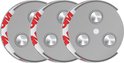 Drie magnetische montagesets, elk met drie zilverkleurige magneten en 3M tape.