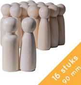 Homium Peg Dolls - 16 stuks man/vrouw - 90mm - Blanco houten poppetjes - pionnen - kegelpoppetjes - houten mensen - poppenhuis - zelf verven