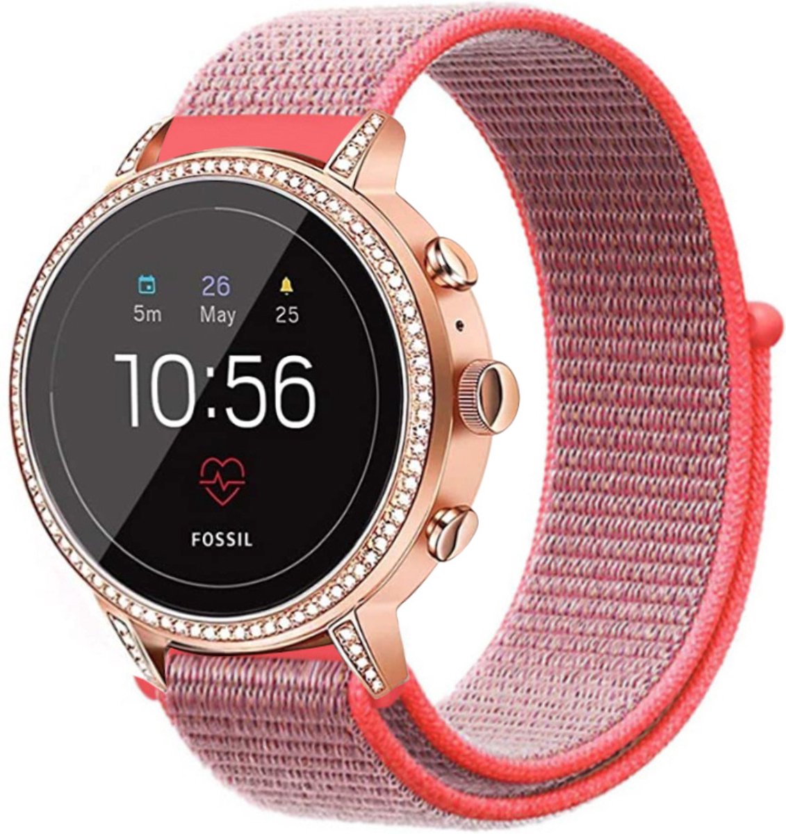 Strap-it Nylon smartwatch bandje 18mm geschikt voor Fossil Gen 6 42mm / Gen 5e 42mm - Huawei Watch GT 4 / 5 - 41mm / GT 5 Pro - 42mm - Withings ScanWatch Light / ScanWatch 2 - 38mm / Steel HR - 36mm (knalroze)