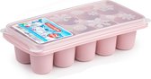 Tray met dikke grote ronde blokken van 6.5 cm ijsblokjes/ijsklontjes vormpjes 10 vakjes kunststof oud roze met afsluit deksel