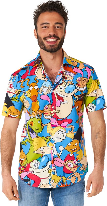 OppoSuits SHIRT Short Sleeve Nickelodeon™ Cartoons - Heren Korte Mouwen Overhemd - 90s Casual Shirt Nick Toons - Meerkleurig - Maat EU 47/48