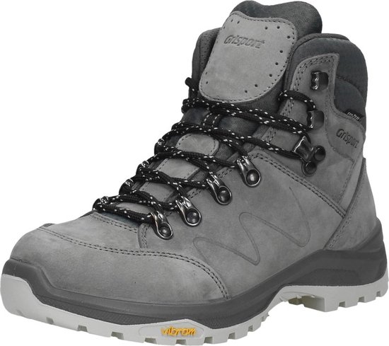 Grijze Grisport wandelschoen met zwarte veters, lichtgrijze zool en "Vibram" logo.