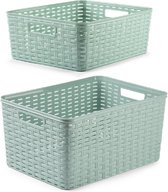 Set de 5 x boîtes de rangement / paniers de rangement en plastique vert menthe en rotin avec contenu 12 et 18 litres