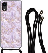 Hoesje met koord Geschikt voor iPhone XR - Abstract - Marmer print - Goud - Paars - Patroon - Siliconen - Crossbody - Backcover met Koord - Telefoonhoesje met koord - Hoesje met touw