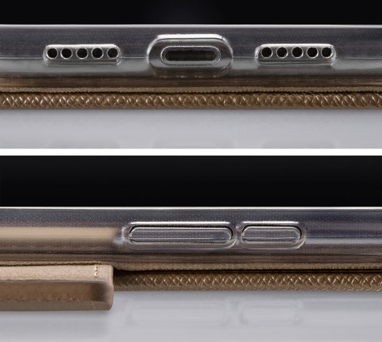 Étui brun texturé, avec ouvertures pour haut-parleurs et USB-C.